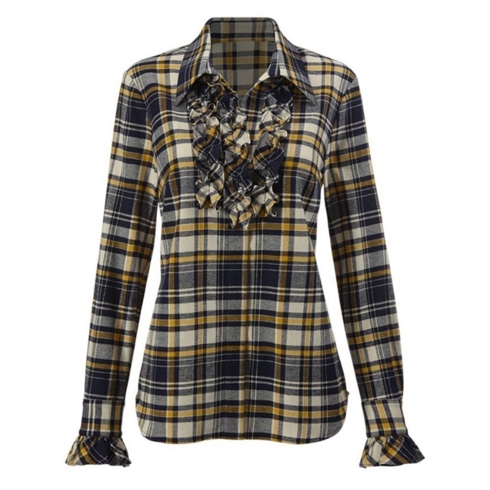 CAbi Seattle Shirt Women's Medium Plaid Flannel Ruffle Button Down Blue Yellow - Picture 9 of 9